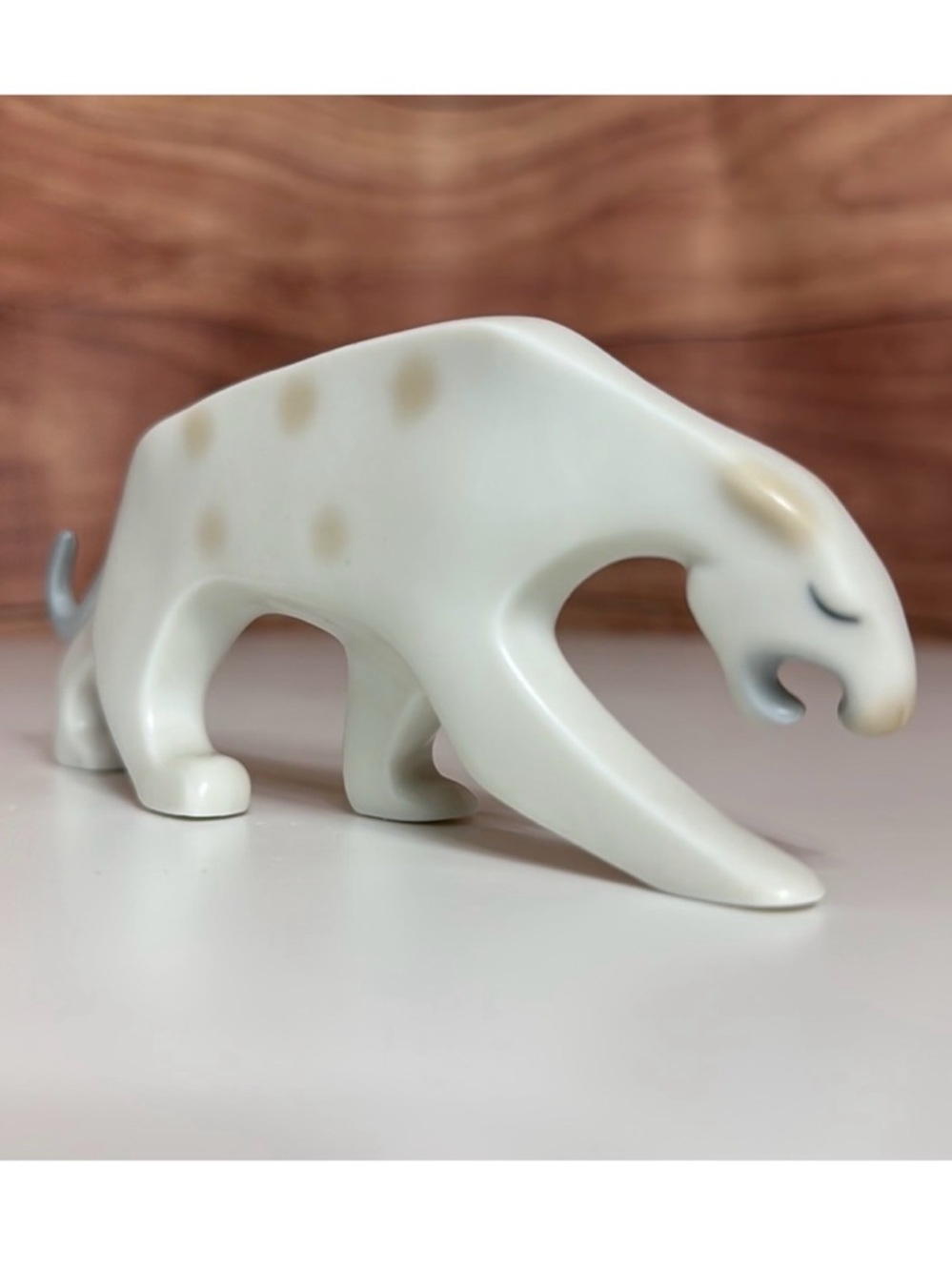 ART DECO SNOW Leopard Jaguar Cat Figurine 6" Smooth Porcelain